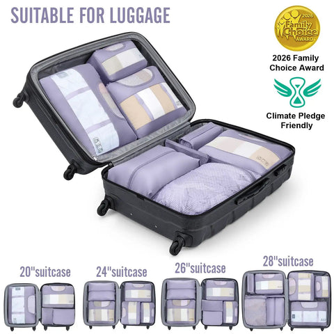 8 Piece Packing Cubes Set For Travel Essentials In Four Sizes, Luggage Organizer Bags with Laundry and Shoes Bag displayed in suitcase