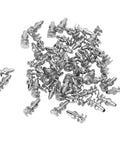 Heavy Duty Double Head Tire Studs 50 Pc Pack Tungsten Steel Anti Skid Screws for Trucks Forklifts scattered on white background.