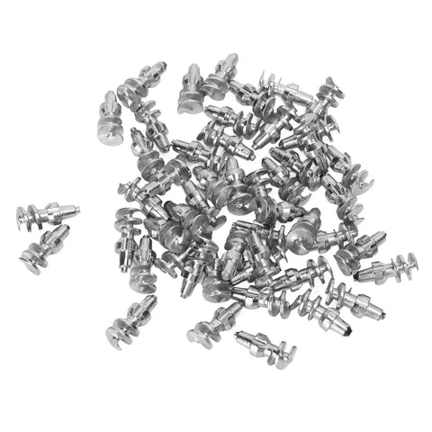 Heavy Duty Double Head Tire Studs 50 Pc Pack Tungsten Steel Anti Skid Screws for Trucks Forklifts scattered on white background.