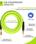 Hybrid Air Hose Three Eighths Inch By Ten Feet Lead In With One Quarter Inch Quick Connect Couplers, green hose with fittings