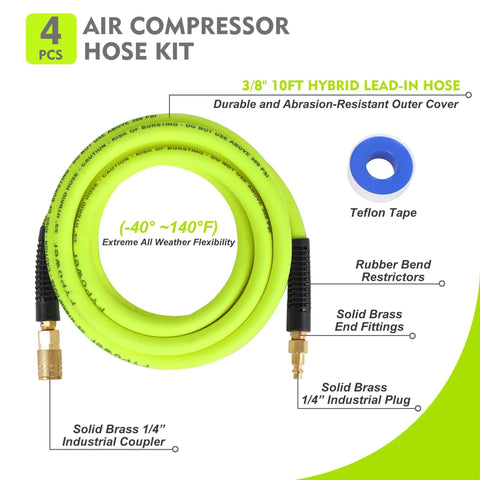 Hybrid Air Hose Three Eighths Inch By Ten Feet Lead In With One Quarter Inch Quick Connect Couplers, green hose with fittings