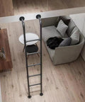 Heavy Duty Iron Bow Bed Ladder with wide round tube treads set up for loft access in modern living space