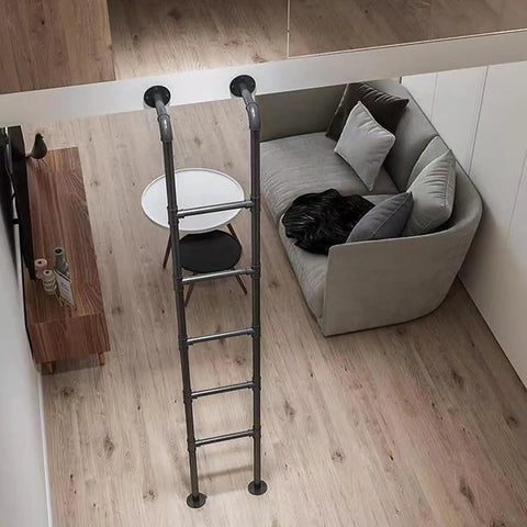 Heavy Duty Iron Bow Bed Ladder with wide round tube treads set up for loft access in modern living space
