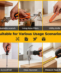 Slick Heavy Duty 152 Piece Tool Set With 12V Cordless Drill And Portable Carry Case For No Sweat Diy Repairs and Weekend Warrior Projects For Any Homeowner Or Pro showing adjustable wrench, pliers, utility knife, screwdriver, claw hammer, and tape ruler.
