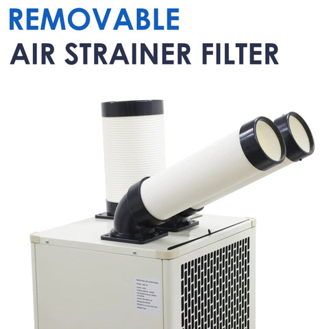 Removable air strainer filter on Industrial Grade Portable AC 15,400 BTU Tough As Nails Spot Cooler with twin hoses.