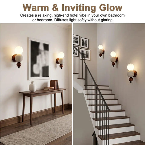 Modern Travertine Wall Sconce with Glass Globe, Wood Accent Wall Light Fixture, Hardwired G9 Base Wall Lamp for Bedroom, Living Room and Hallway showcasing warm glow in stairway and hallway.
