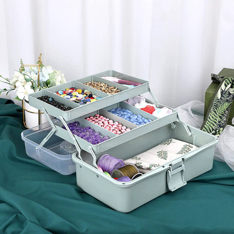 Clear 3 Layer Plastic Dividing Storage Box With Adjustable Spacers Portable Handle Craft Organizer For Art Supplies Medicine Sewing And Home Utility Multipurpose Box In Haze Green displaying various craft items.