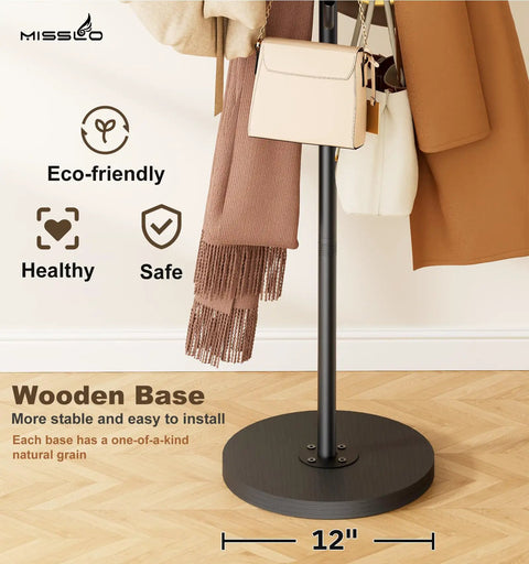 Heavy Duty Freestanding Coat Rack With Stable Wood Base And Metal Frame, 12 Hooks For Jackets Hats Bags close-up.