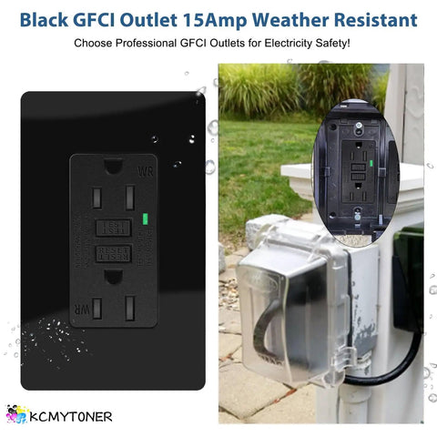 Black GFCI Outlet 15 Amp Weather Resistant Electrical Receptacle With Decorator Screwless Plate ETL Listed 125 Volt