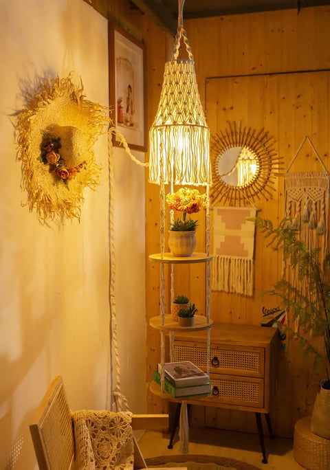 Boho Bedroom Pendant Light With Plug In Cord And Switch Macrame Lampshade And Hanging Planter Holder Space Saving Hanging Shelf Lighting