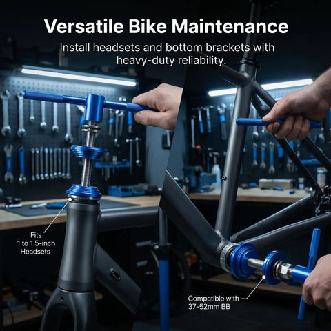 Bicycle Headset And Bottom Bracket Press Tool Set, Aluminum Alloy Build With Ball Bearing Design used on bike frame in workshop