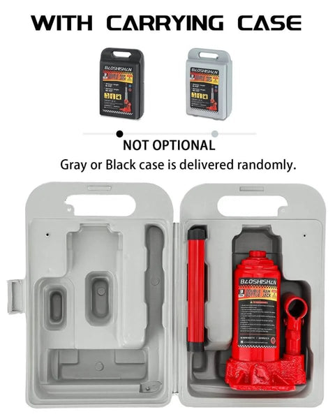 3 Ton Double Ram Hydraulic Bottle Jack With 6.5 To 16.5 Inch Lifting Range Portable Car Jack in carrying case open view