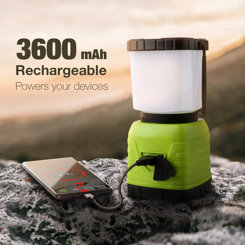 Rechargeable LED Camping Lantern With 3600mAh Power Bank, 4 Light Modes, IPX4 Waterproof, 360 Degree Beam connected to phone