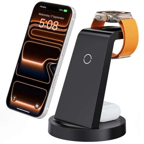 3 In 1 Wireless Charging Station For iPhone Apple Watch And AirPods No Fuss All In One USB-C Dock Fast Safe Charge in black