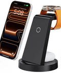 3 In 1 Wireless Charging Station For iPhone Apple Watch And AirPods with phone, watch, AirPods on black dock
