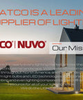 Modern home with SATCO Nuvo lighting logo and mission statement at sunset.