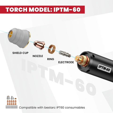 Exploded view of IPTM60 Non HF Pilot Arc Plasma Cutting Torch components for CNC machines, 60 amp, showing shield cup, nozzle, and electrode.