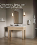 Modern bathroom with mirror, lights, and Hotelier Towel Rack With Upper Shelf And Towel Bar 24 Inch Shelf Premium Metal Construction.