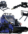 23 HP Compact Double Cooling Mini Skid Steer Loader DS SS70 with three attachments displayed: grapple, auger, and forks.