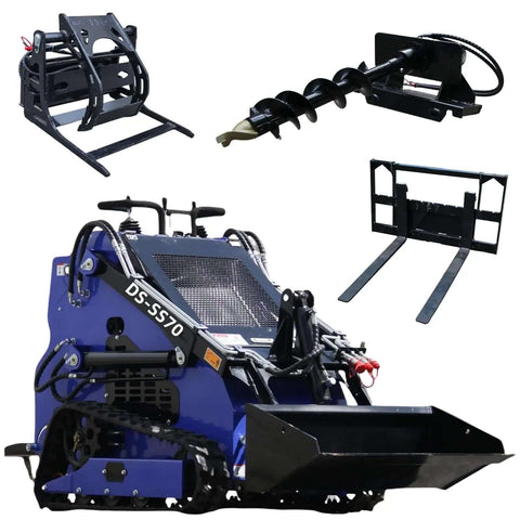 23 HP Compact Double Cooling Mini Skid Steer Loader DS SS70 with three attachments displayed: grapple, auger, and forks.
