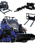 22 HP Mini Skid Steer Loader with dual cooling shown with pallet forks, log grapple, and auger, ready-to-go attachments kit.