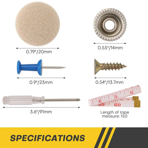 60 Piece Car Roof Headliner Repair Kit components and measurements, including beige flannelette, screws, and install tool.