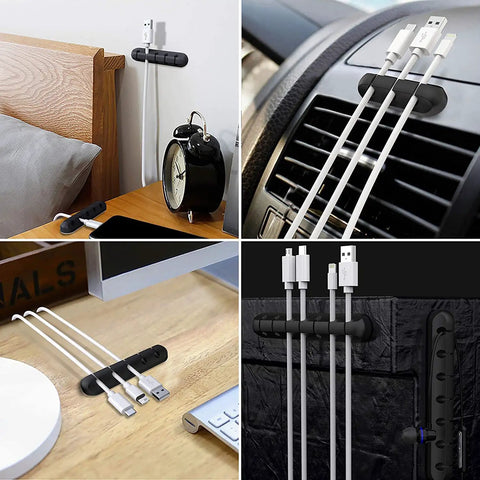 Three Pack Cable Holder Clips For Cord Management Self Adhesive Silicone Clips used for organizing USB and power cords on surfaces.