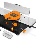 Heavy Duty 10 Amp 8 Inch Spiral Benchtop Jointer With Extendable Table And 16 Staggered Hss Blades For Real Deal Smooth Cuts And Zero Sweat Finishes image showcasing the machine's adjustable table and cutterhead design.