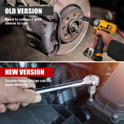 Comparison of old and new versions of bolt extractors in use, highlighting ease of use for DIY and automotive repair.