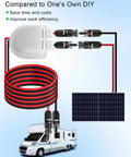 Image of Solar Extension Cable Weatherproof Entry Gland Junction Box with Female and Male Connector Adapter, 10 Ft 10 AWG, shown with solar panel and RV, highlighting installation in a camper setup.