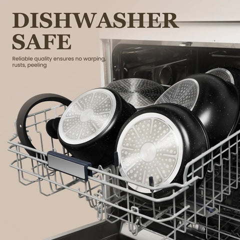 Nonstick Pots And Pans Set For RV Living 20 Pack in dishwasher showing detachable handles and stackable design.