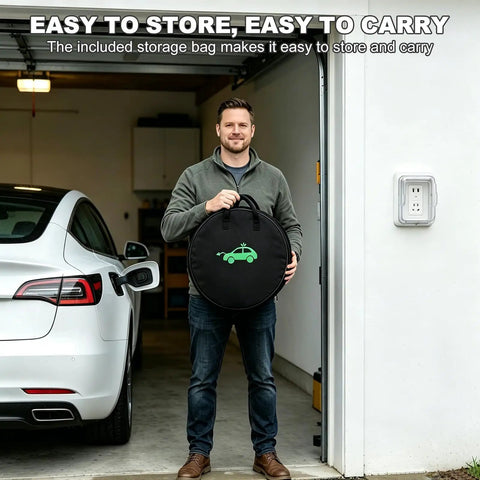 Man holding storage bag for Portable Level 1 And 2 EV Charger For Tesla Models Y 3 X S Cybertruck by garage with white car.