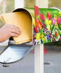 Hand placing letters in mailbox with Spring Tulip Magnetic Mailbox Cover 21 By 18 Inches Fits Standard Mailboxes Outdoor Garden Decor
