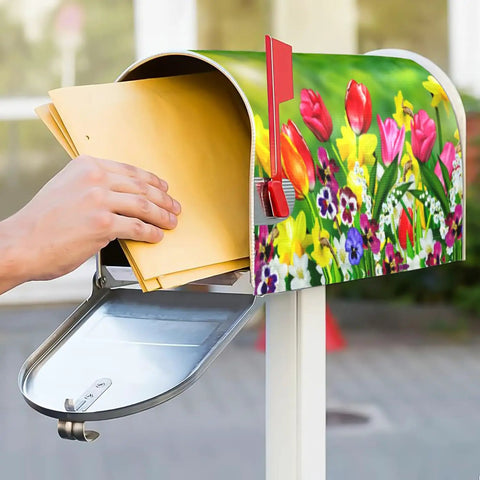 Hand placing letters in mailbox with Spring Tulip Magnetic Mailbox Cover 21 By 18 Inches Fits Standard Mailboxes Outdoor Garden Decor
