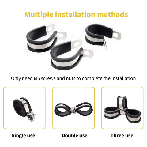 60 Piece Wire Clamps Kit With Seven Sizes Stainless Steel 304 Rubber Cushioned Clamps demonstrating multiple installation methods
