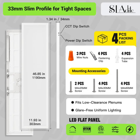 Flat Panel LED Light 1x4 Ft Ceiling Fixture with accessories, slim profile for tight spaces, 33mm thickness, 1190mm height