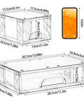 Three Pack Stackable Storage Drawers For Under Sink, Bathroom And Kitchen Organization, dimensions displayed next to smartphone.