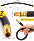 Solid Brass Short Air Compressor Hose Two Pack 18 Inch with 1/4 inch Male NPT threads, showing flexible rubber and connectors.