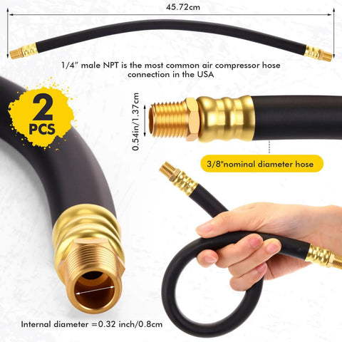 Solid Brass Short Air Compressor Hose Two Pack 18 Inch with 1/4 inch Male NPT threads, showing flexible rubber and connectors.