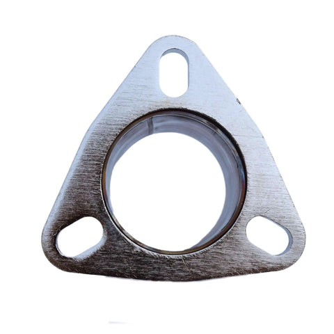 Built Tough Stainless Steel Exhaust Flange Repair Pipe Kit With 2.5 Inch Outside Diameter Three Bolt Configuration And Sealed Gasket, close-up of flange