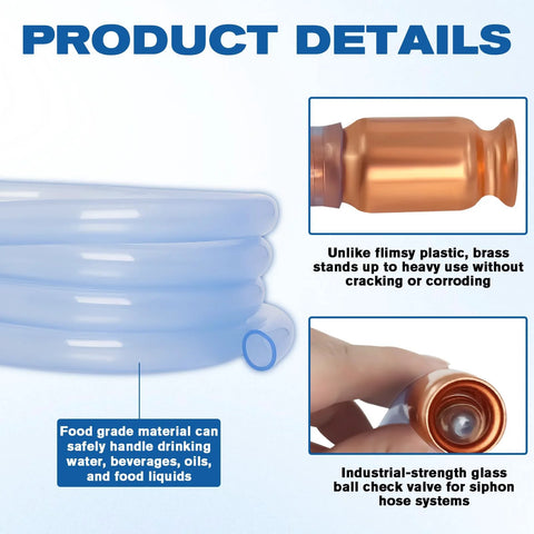 Siphon hose by Wadoy, 1/2-inch, 10 ft, with brass fitting and glass-ball check valve; blue water reservoir graphic