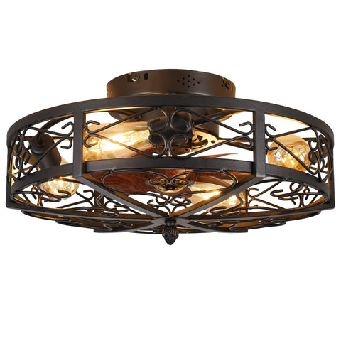 Rustic Black Caged Flush Mount Ceiling Fan With Lights And Remote, Vintage Low Profile Ceiling Fan With Reversible Motor, 6 Speeds, E26 Bulbs