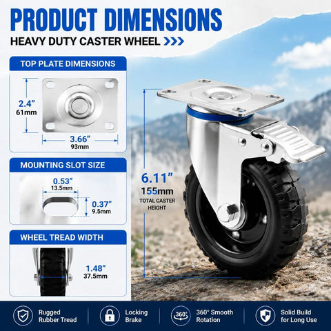 Set Of Four Five Inch Heavy Duty Caster Wheels Packed With Bully Solid Rubber Tires That Roll Smooth Across All Terrain, showing dimensions and features.