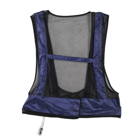 Adult Sleeveless Cooling Vest With Compressed Air Powered Vortex Tube Tech That Slays Kickin Summer Heat And Provides No Sweat Grind Comfort In Cool Cotton Oxford Blend For Peak Chill Factor Blue, back view.
