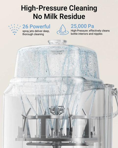 Bear Bottle Washer Pro baby bottle sterilizer and dryer in clear plastic, front view