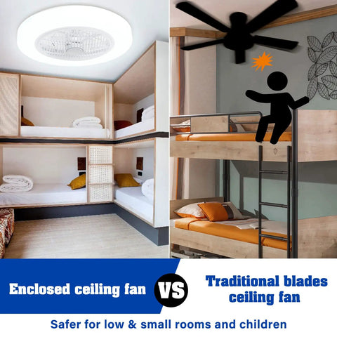 Comparison between enclosed low profile ceiling fan with light and Bluetooth speaker and traditional blades ceiling fan