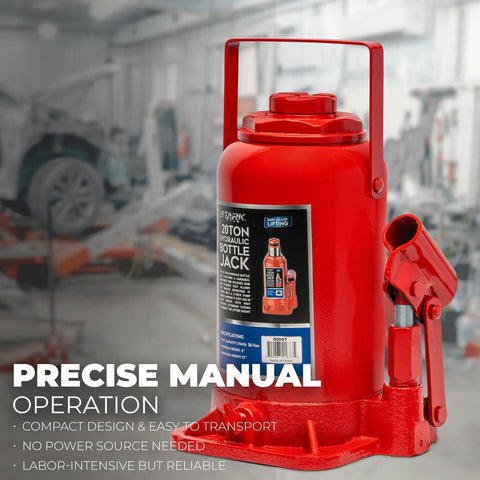 Hydraulic bottle jack, red, 20-ton capacity, portable with carrying handle for automotive use