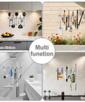 Stainless Steel Broom Holder Wall Mount Organizer With 5 Racks And 4 Hooks Heavy Duty Mop Hanger installed in various locations
