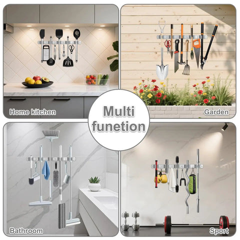 Stainless Steel Broom Holder Wall Mount Organizer With 5 Racks And 4 Hooks Heavy Duty Mop Hanger installed in various locations
