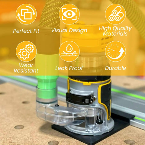 DNP615 Clear Router Dust Collection Adapter For Fixed Base Routers Compatible With DWP611 And DWP611PK attached to router